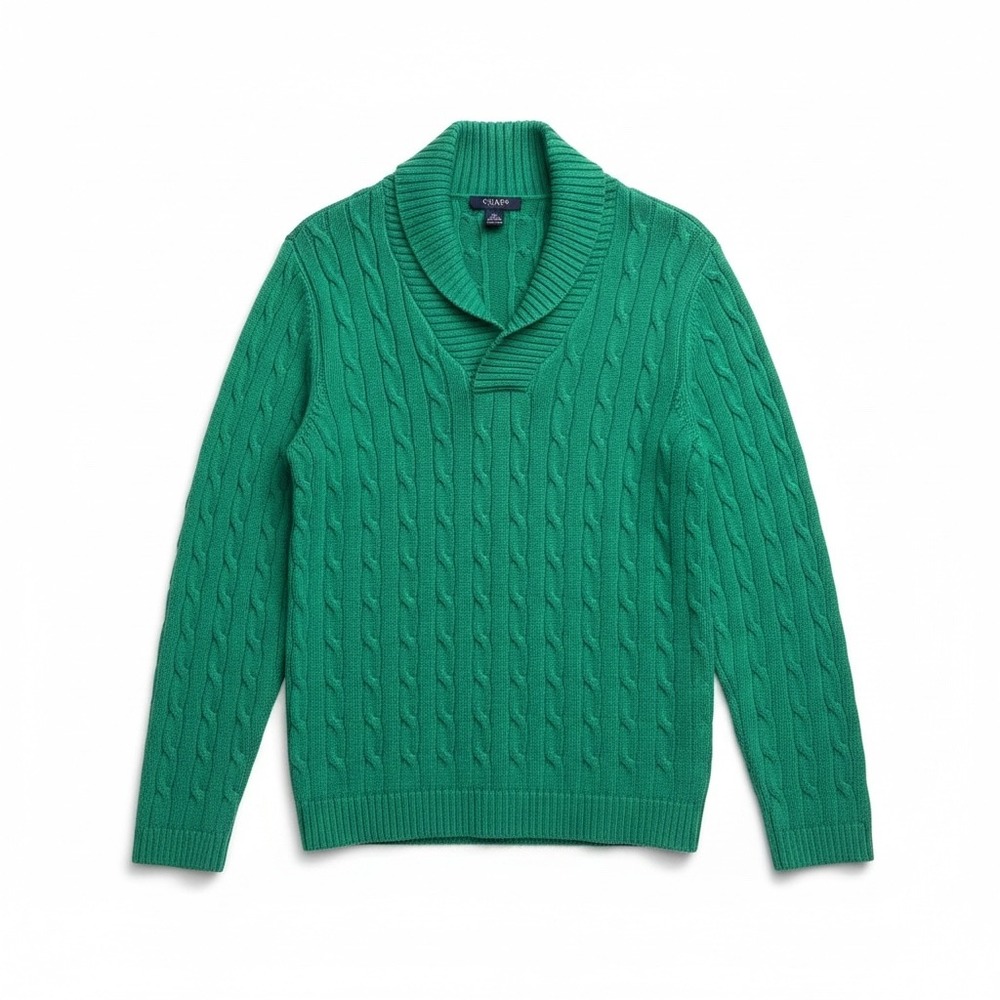Chaps Cable Knit Sweater Womens XL Green Excellent Shawl Collar Cotton Pullover